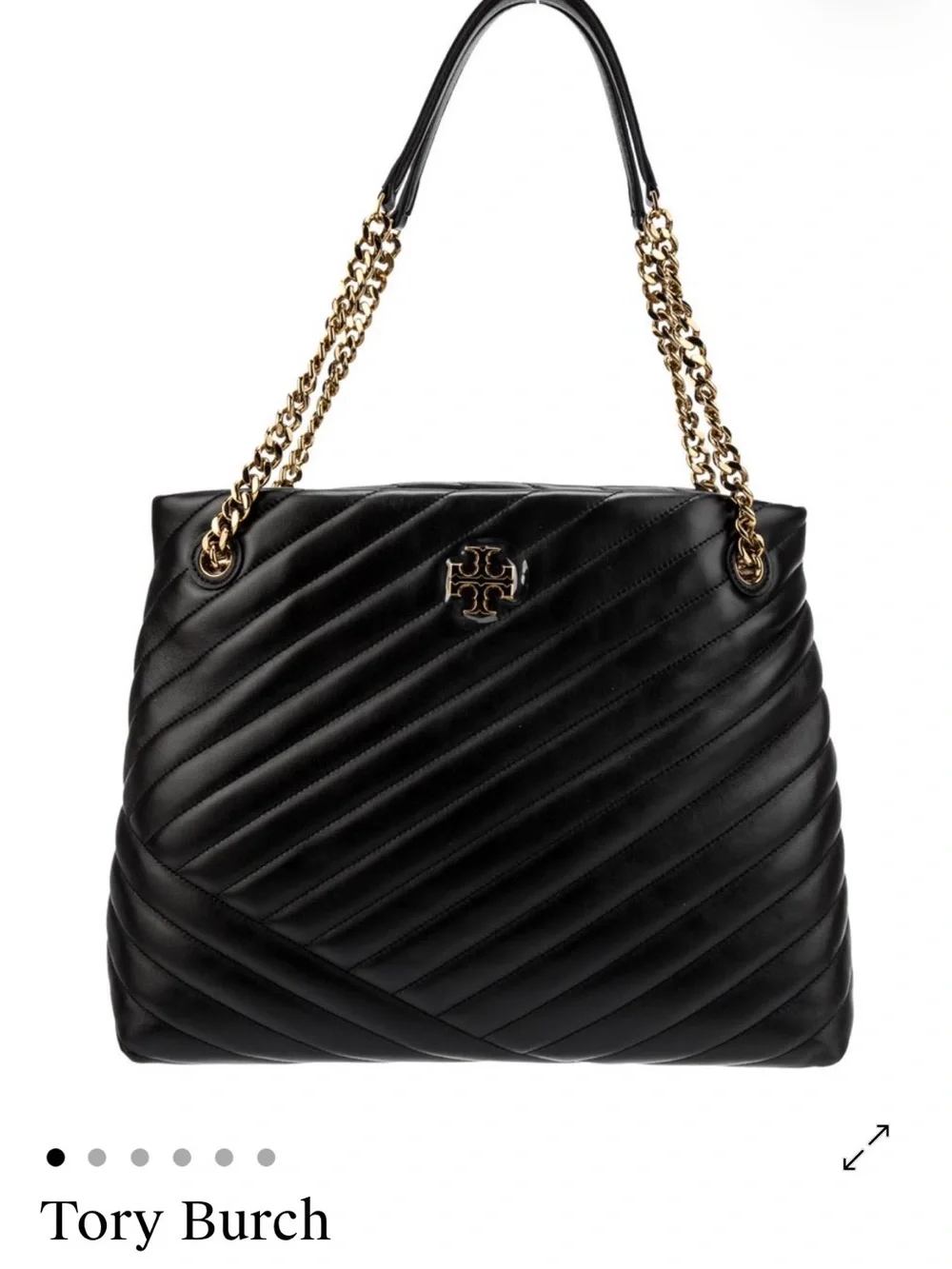 Tory Burch Kira Chevron Black Quilted Leather Shoulder Tote with Gold Chain